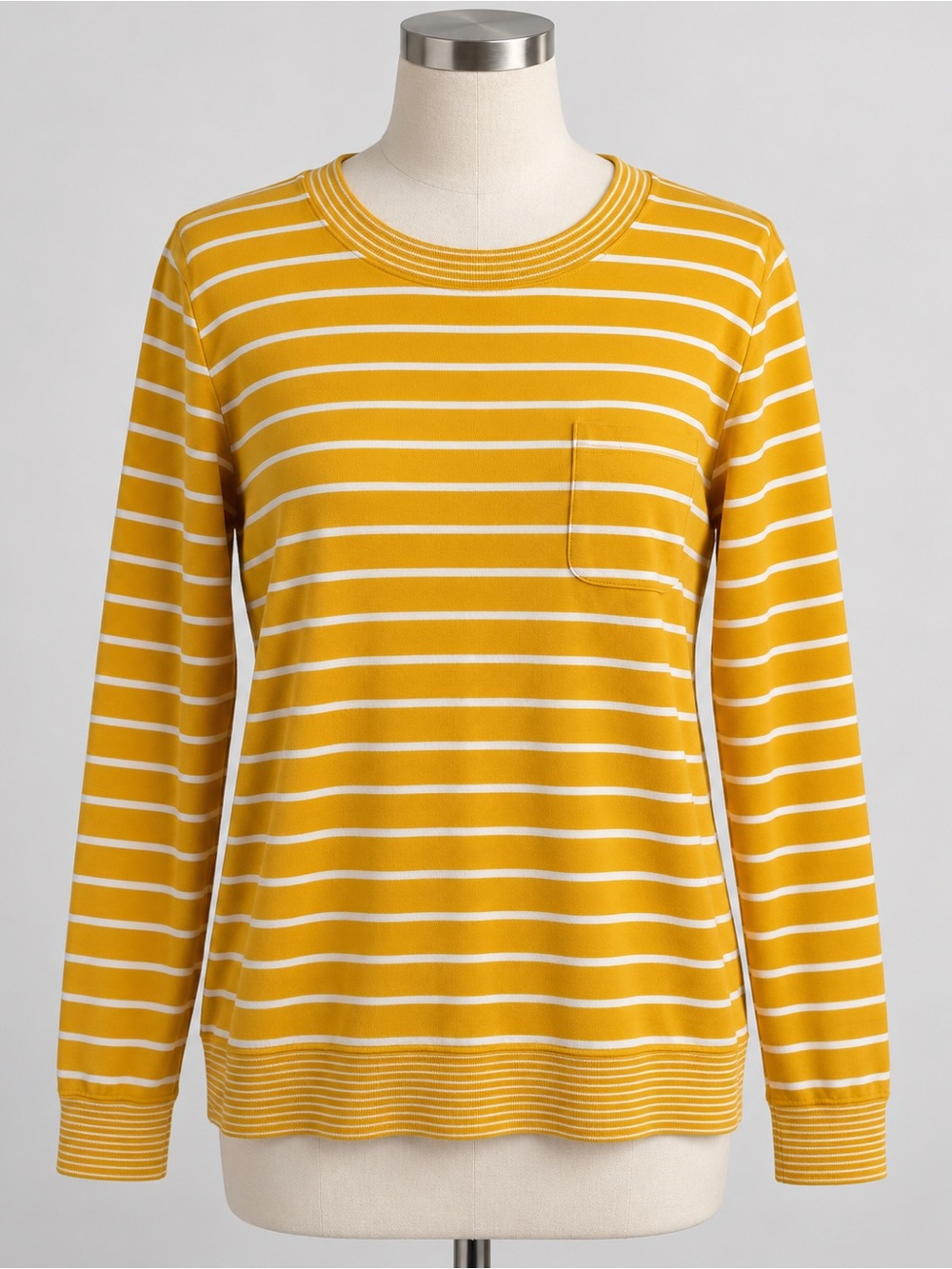Talbots Women’s Medium Mustard Yellow White Stripe Lightweight Cotton Crewneck